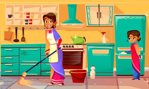 Housewife cleaning kitchen vector illustration of Indian mother in sari mopping floor and daughter helps clean refrigerator. Flat cartoon of family from India together cleaning kitchen furniture, cupboard and stove